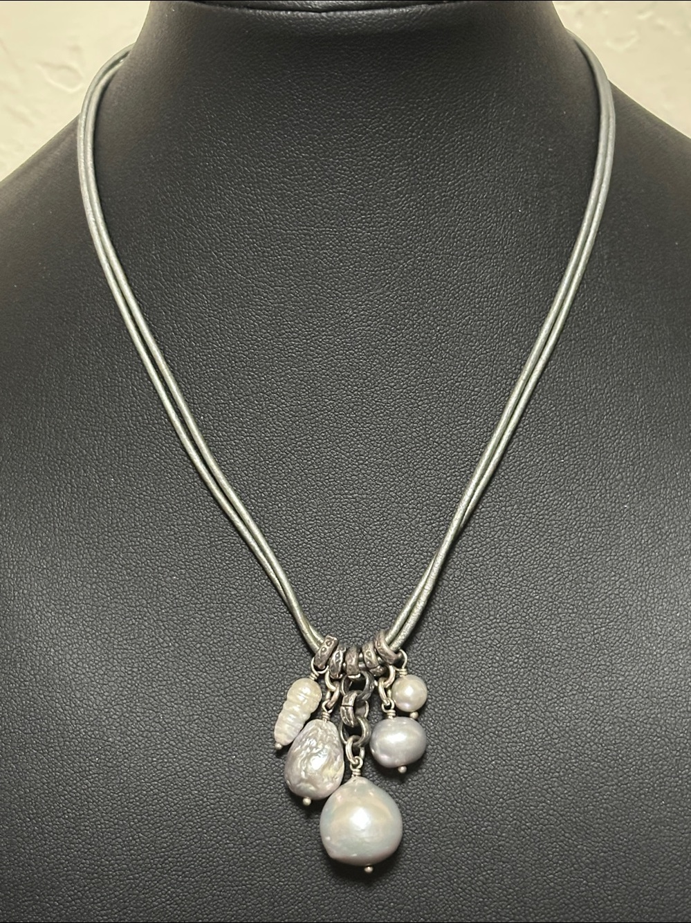 Chan Luu 925 Sterling Silver Double Strand Leather Pearl Cluster Choker Necklace